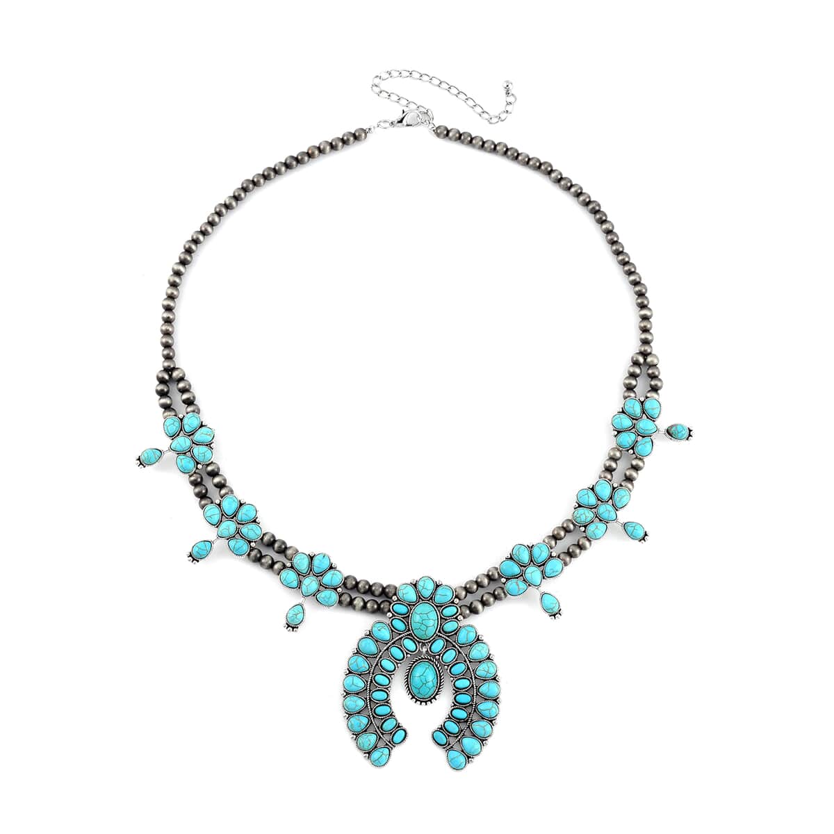 Constituted Blue Howlite Squash Blossom Necklace 24-28 Inches in Silvertone 20.00 ctw image number 2