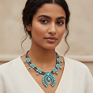 Doorbuster Constituted Blue Howlite 20.00 ctw Squash Blossom Necklace in Silvertone 24-28 Inches