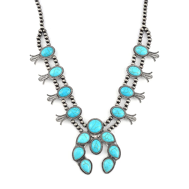  Constituted Blue Howlite 16.00 ctw Squash Blossom Necklace in Silvertone 24-28 Inches