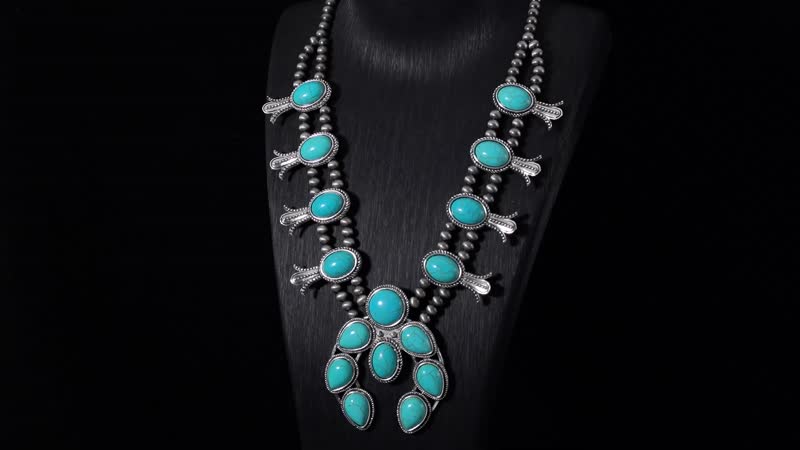 Constituted Blue Howlite 16.00 ctw Squash Blossom Necklace in Silvertone 24-28 Inches