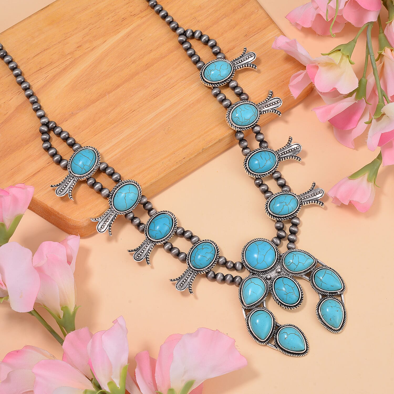 Constituted Blue Howlite 16.00 ctw Squash Blossom Necklace in Silvertone 24-28 Inches
