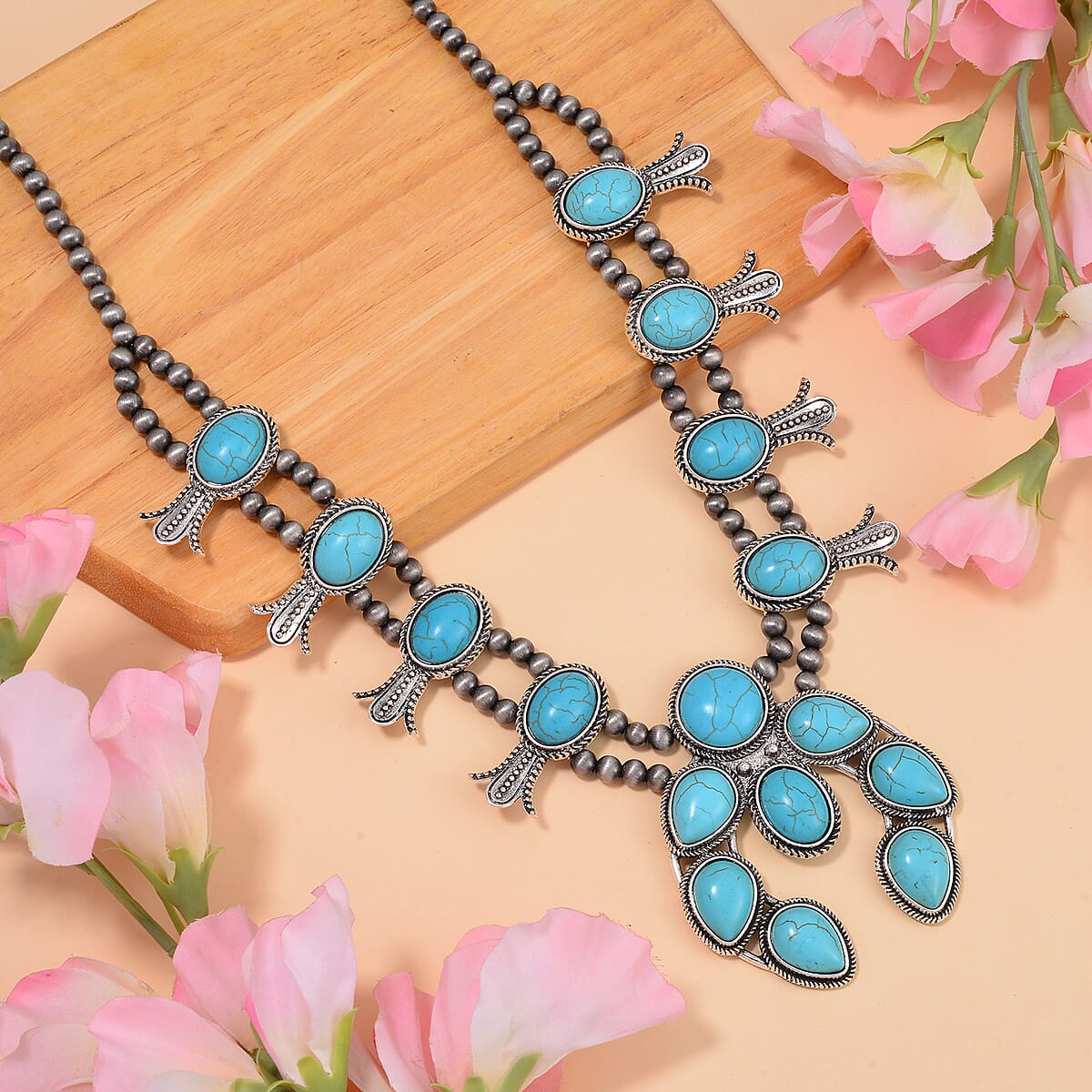 Doorbuster Constituted Blue Howlite 16.00 ctw Squash Blossom Necklace in Silvertone 24-28 Inches image number 1
