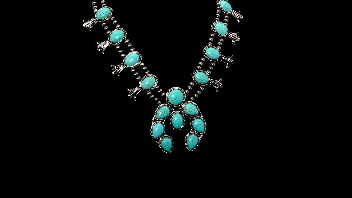 Constituted Blue Howlite 16.00 ctw Squash Blossom Necklace in Silvertone 24-28 Inches