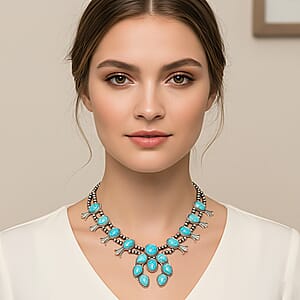 Doorbuster Constituted Blue Howlite 16.00 ctw Squash Blossom Necklace in Silvertone 24-28 Inches