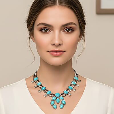  Constituted Blue Howlite 16.00 ctw Squash Blossom Necklace in Silvertone 24-28 Inches