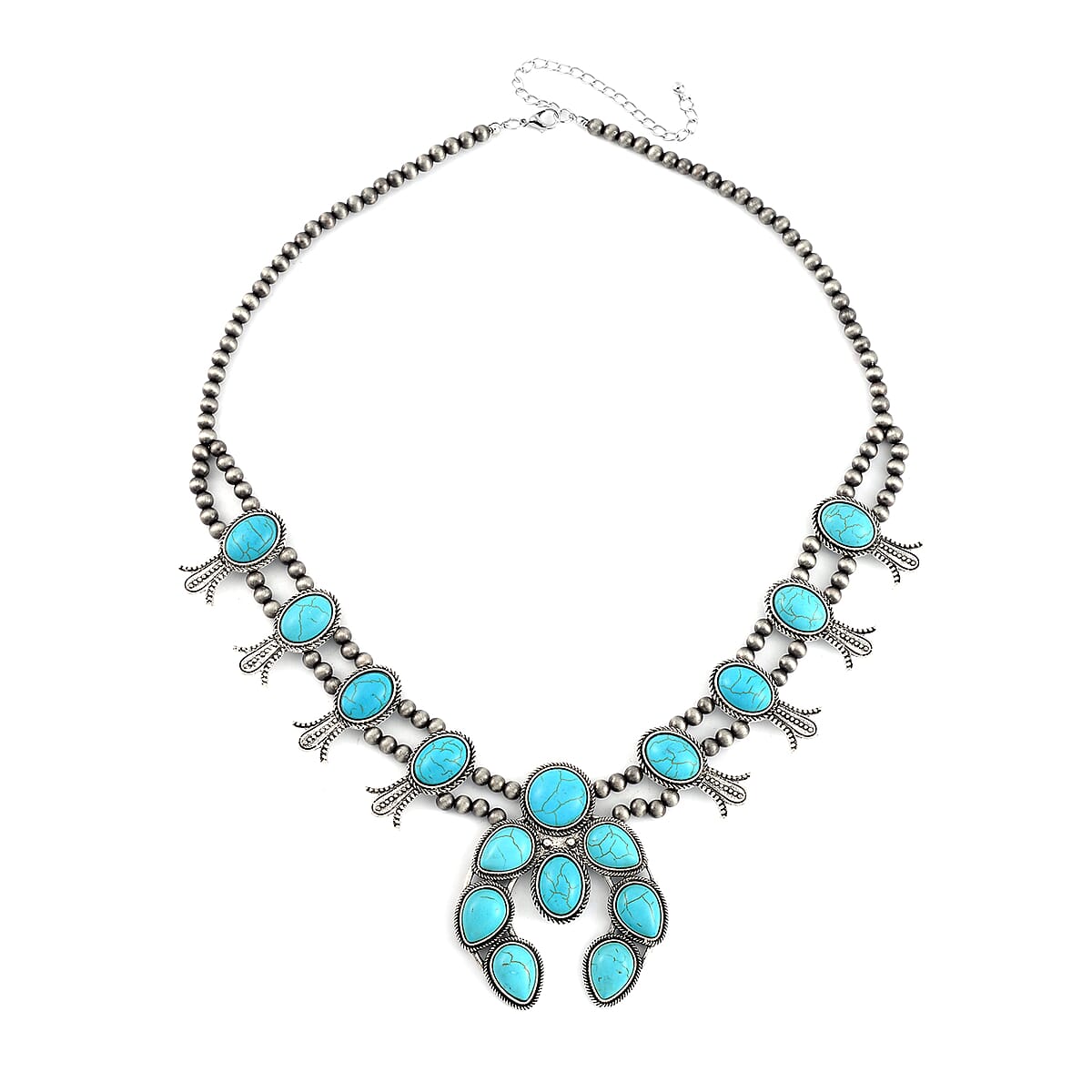 Doorbuster Constituted Blue Howlite 16.00 ctw Squash Blossom Necklace in Silvertone 24-28 Inches image number 3