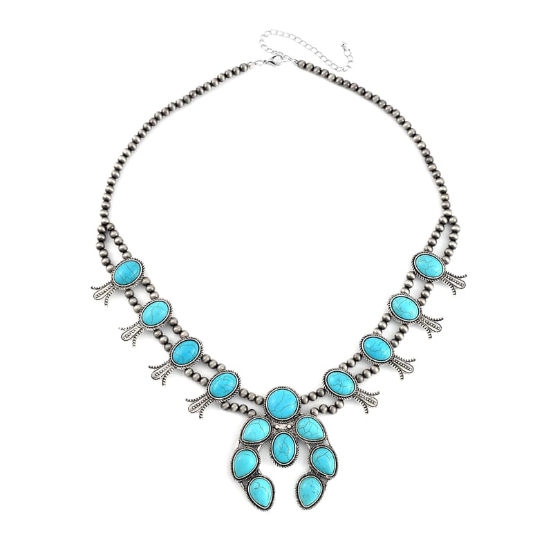 Constituted Blue Howlite 16.00 ctw Squash Blossom Necklace in Silvertone 24-28 Inches