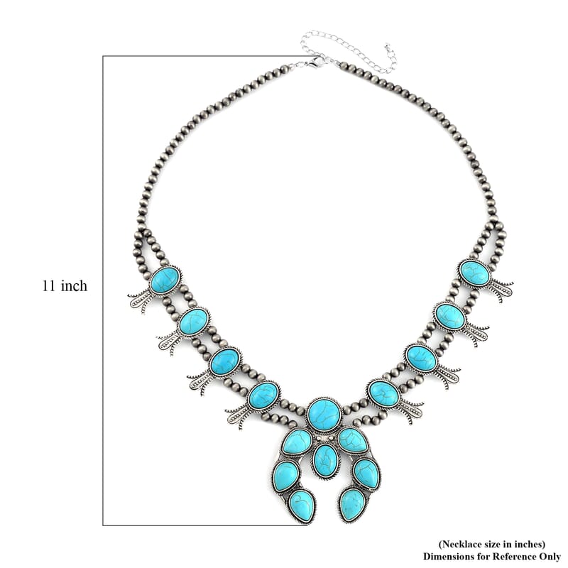 Constituted Blue Howlite 16.00 ctw Squash Blossom Necklace in Silvertone 24-28 Inches