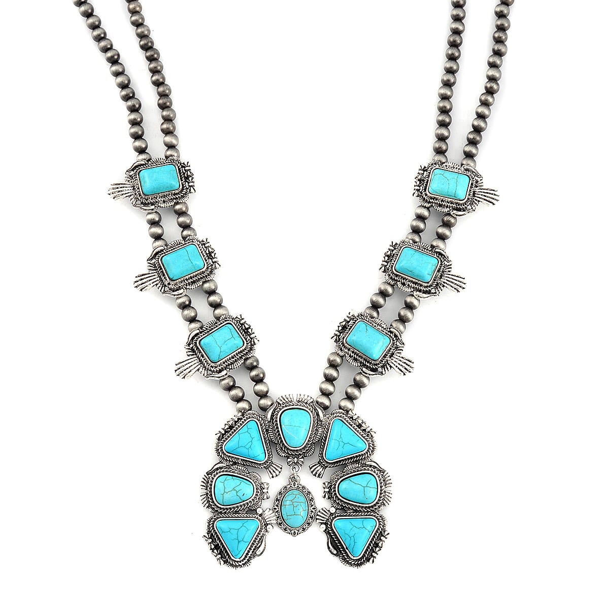 Doorbuster Constituted Blue Howlite 15.00 ctw Squash Blossom Necklace in Silvertone 24-28 Inches image number 0