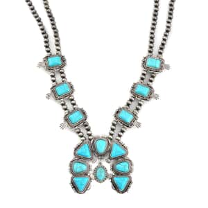Constituted Blue Howlite Squash Blossom Necklace 24-28 Inches in Silvertone 15.00 ctw