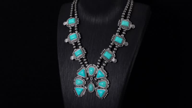 Constituted Blue Howlite 15.00 ctw Squash Blossom Necklace in Silvertone 24-28 Inches