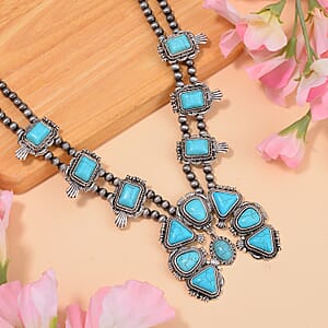 Doorbuster Constituted Blue Howlite 15.00 ctw Squash Blossom Necklace in Silvertone 24-28 Inches