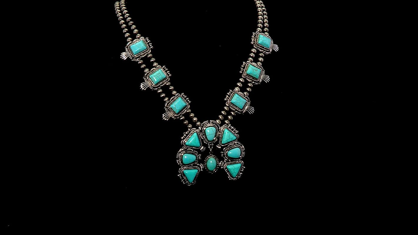 Constituted Blue Howlite 15.00 ctw Squash Blossom Necklace in Silvertone 24-28 Inches