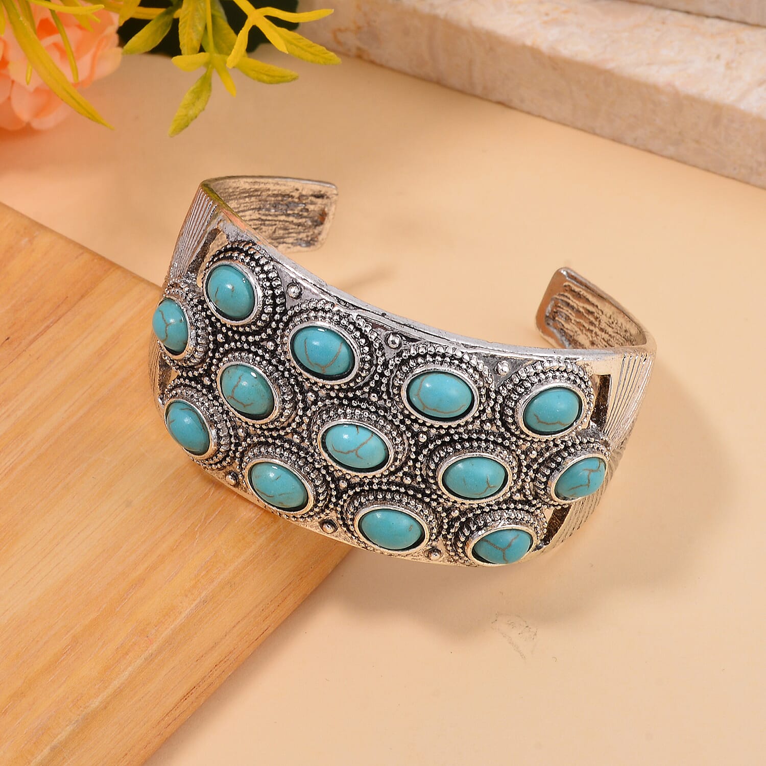Constituted Blue Howlite 6.50 ctw Cuff Bracelet in Silvertone (7.50 In)