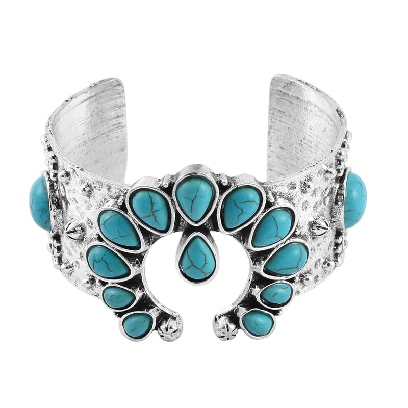 Constituted Blue Howlite 5.00 ctw Squash Blossom Cuff Bracelet in Silvertone (7.50 In)