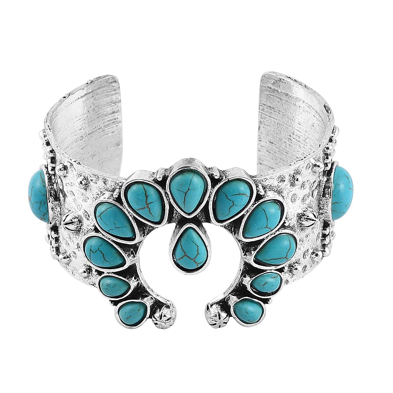  Constituted Blue Howlite 5.00 ctw Squash Blossom Cuff Bracelet in Silvertone (7.50 In)
