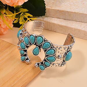 Doorbuster Constituted Blue Howlite 5.00 ctw Squash Blossom Cuff Bracelet in Silvertone (7.50 In)