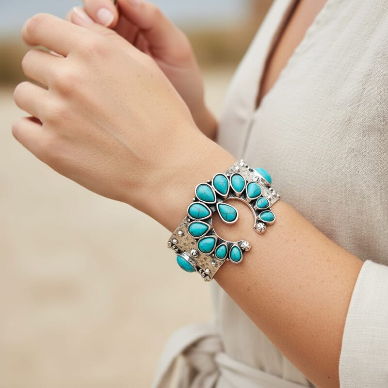 Constituted Blue Howlite 5.00 ctw Squash Blossom Cuff Bracelet in Silvertone (7.50 In)