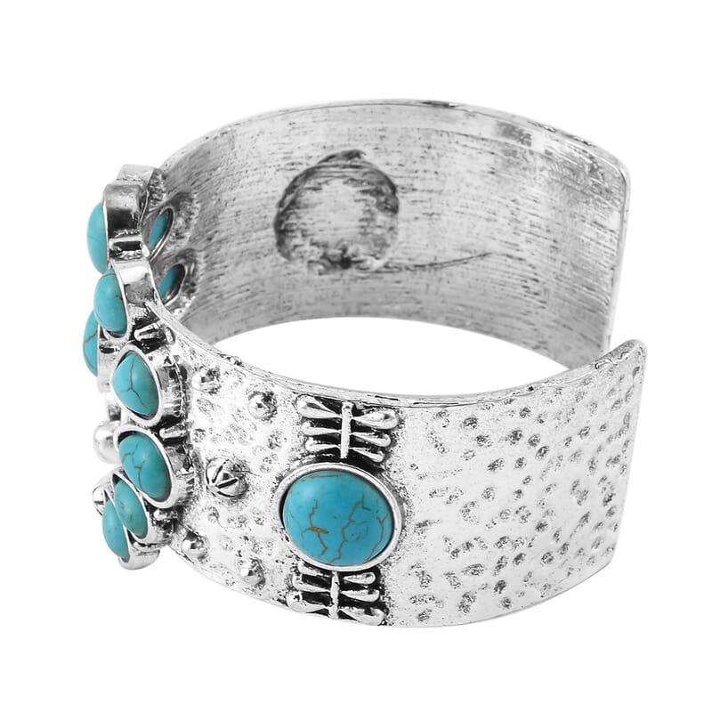 Constituted Blue Howlite 5.00 ctw Squash Blossom Cuff Bracelet in Silvertone (7.50 In)