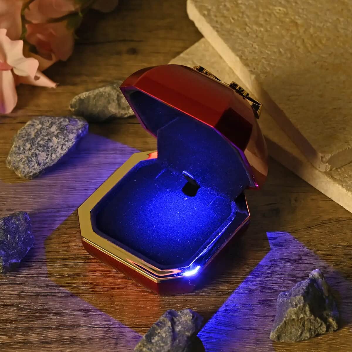 Red Solid Luxurious Polished Ring Jewelry Box with Led Light (2.8"x2.8"x2.4") image number 1
