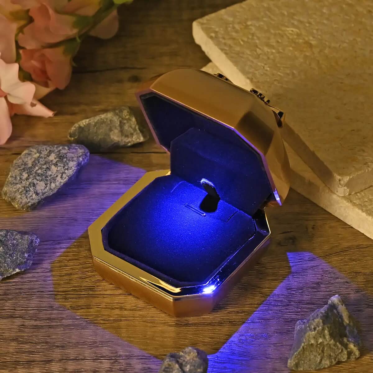 Golden Solid Luxurious Polished Ring Jewelry Box with Led Light, Anti Tarnish Jewelry Box, Jewelry Storage Case, Ring Storage Box (2.8x2.8x2.4) image number 1
