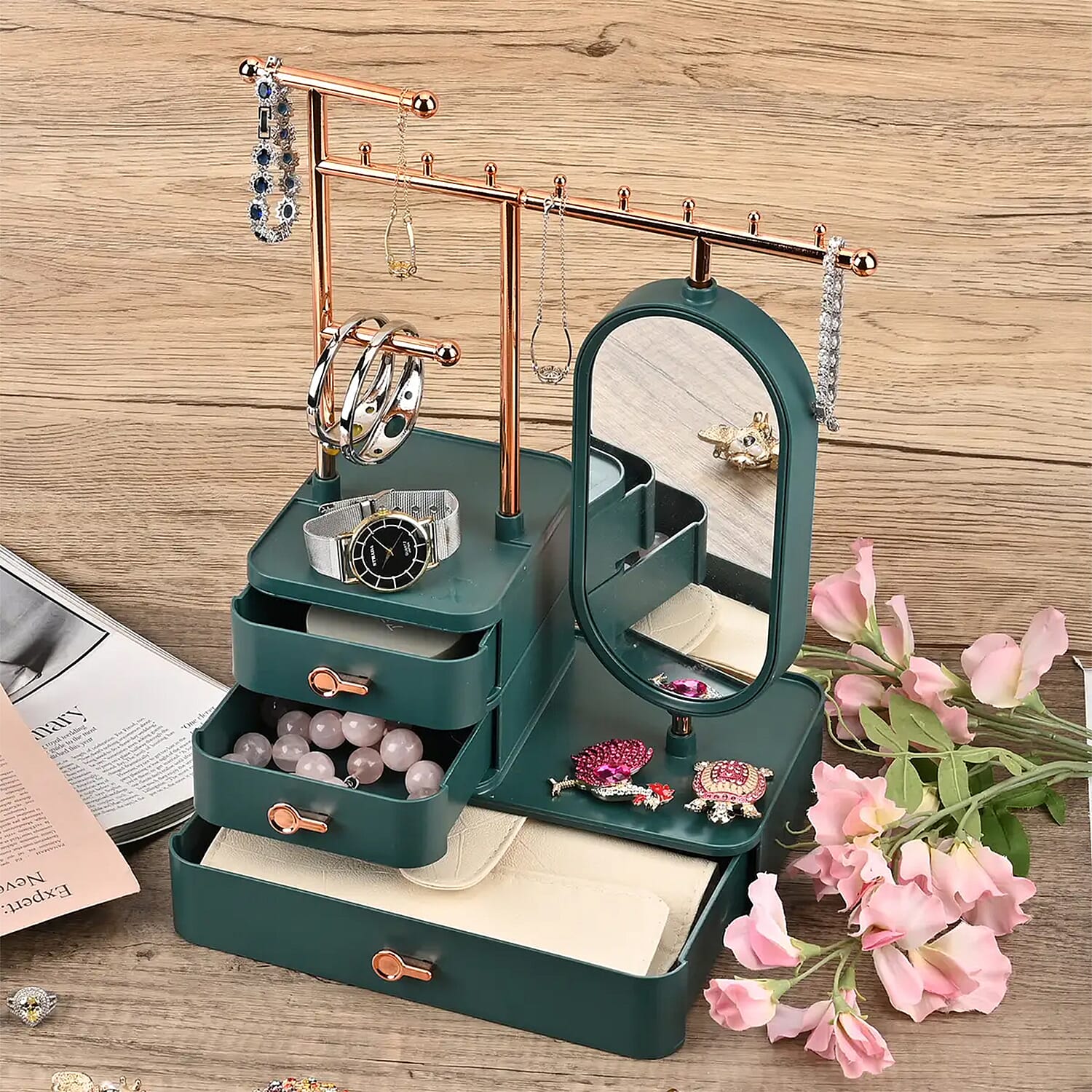 Green Color Tiered Tower Jewelry Holder with 360 Rotating Mirror and 3 Layer Drawer