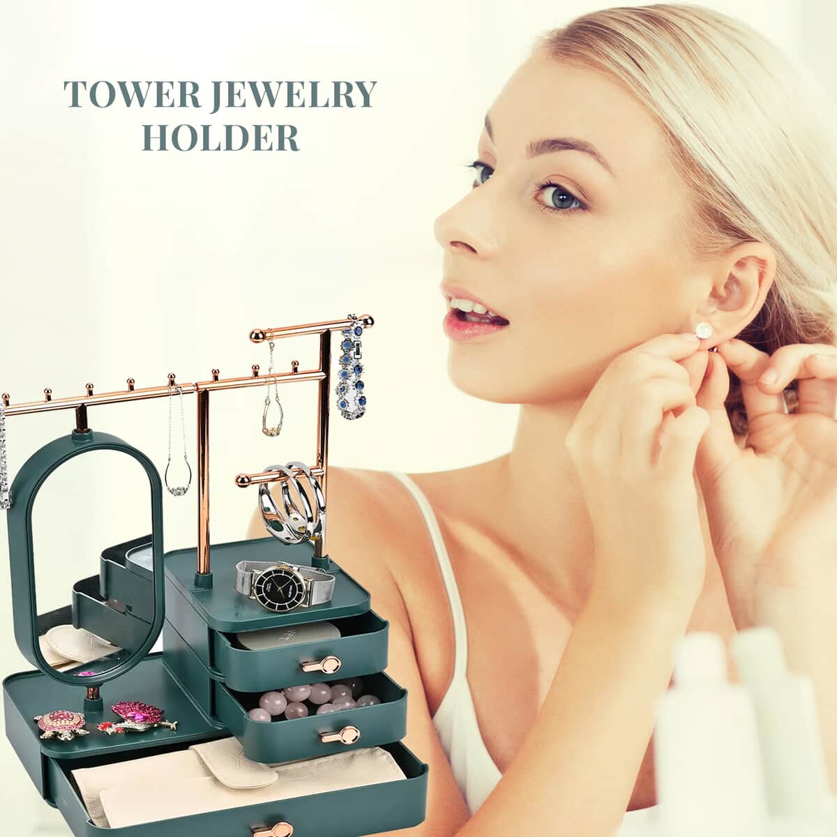 Green Color Tiered Tower Jewelry Holder with 360 Rotating Mirror and 3 Layer Drawer image number 2
