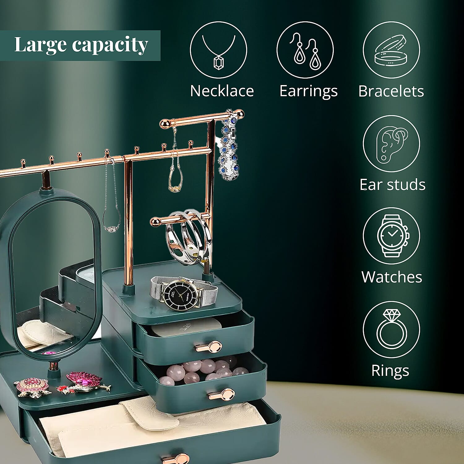Green Color Tiered Tower Jewelry Holder with 360 Rotating Mirror and 3 Layer Drawer