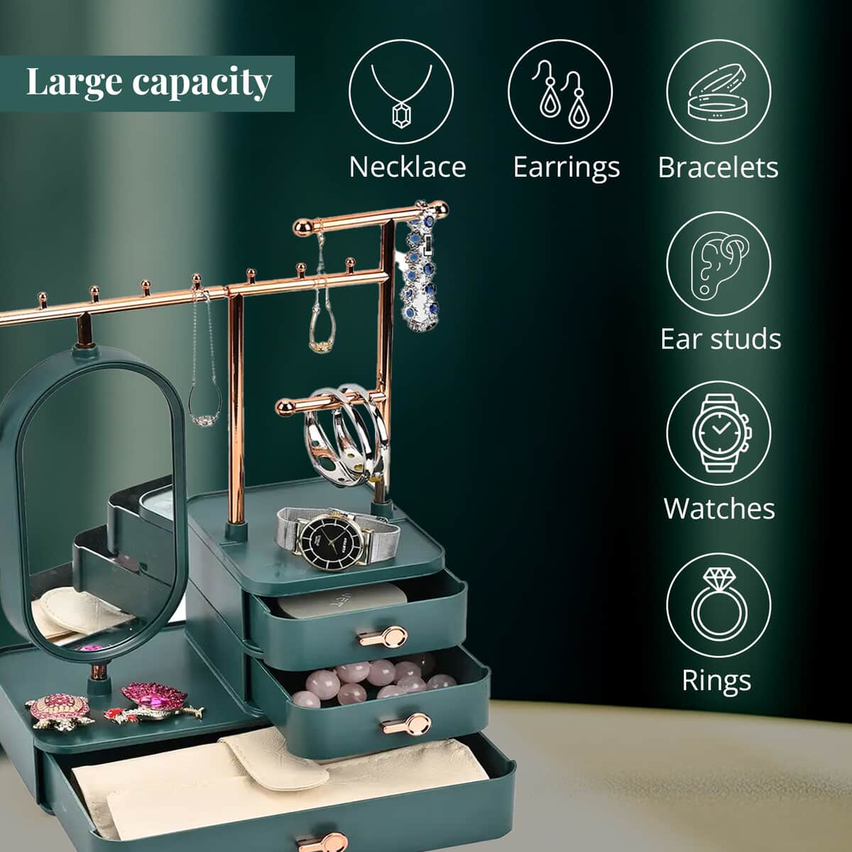 Green Color Tiered Tower Jewelry Holder with 360 Rotating Mirror and 3 Layer Drawer image number 4