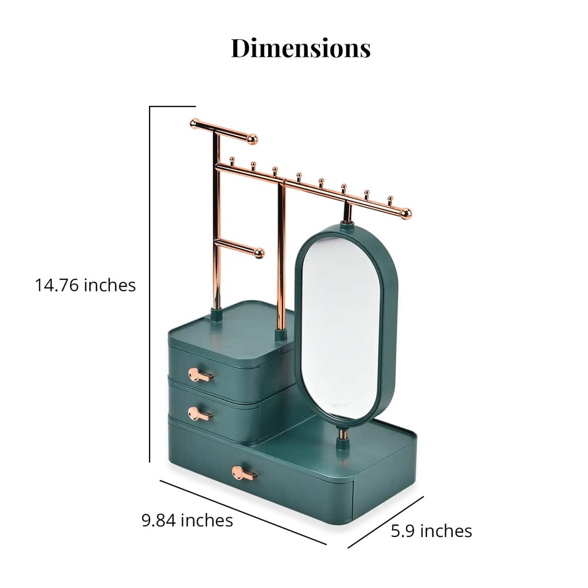 Green Color Tiered Tower Jewelry Holder with 360 Rotating Mirror and 3 Layer Drawer (9.84"x5.90"x14.76") image number 5