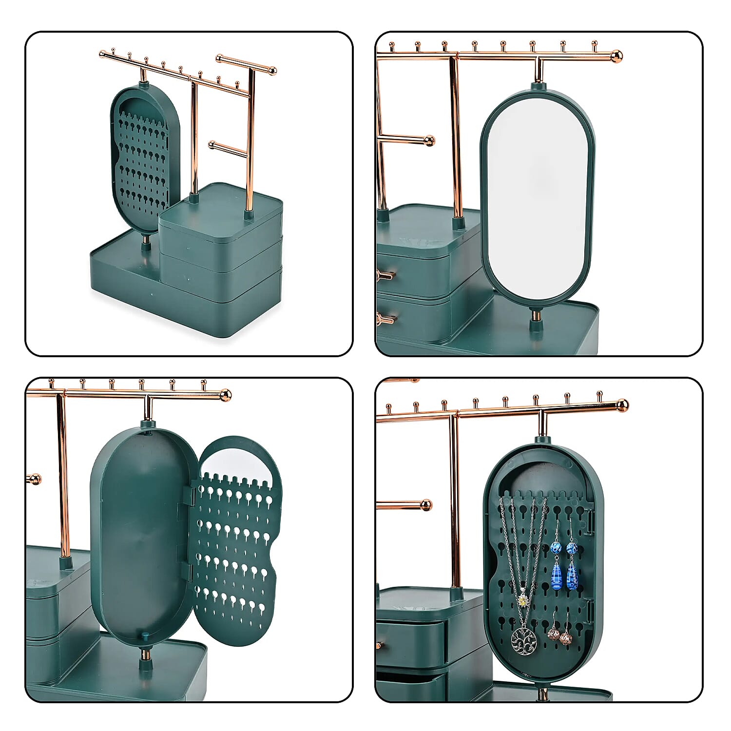 Green Color Tiered Tower Jewelry Holder with 360 Rotating Mirror and 3 Layer Drawer