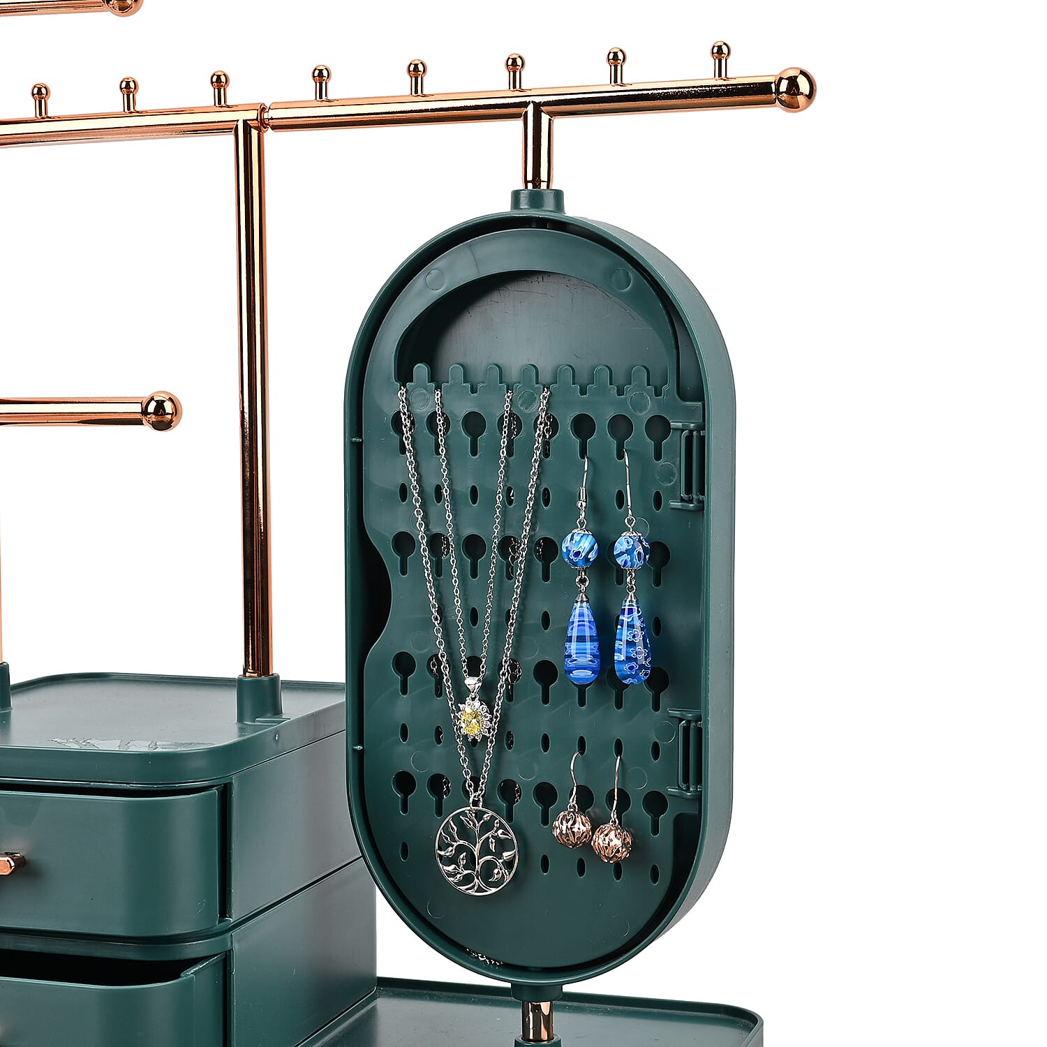 Green Color Tiered Tower Jewelry Holder with 360 Rotating Mirror and 3 Layer Drawer