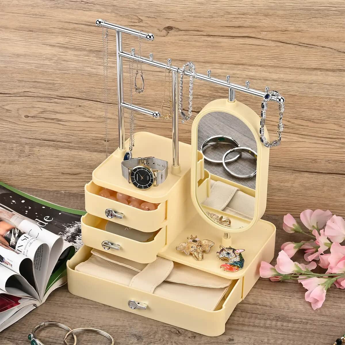 Beige Color Tiered Tower Jewelry Holder with 360 Rotating Mirror and 3 Layer Drawer image number 1