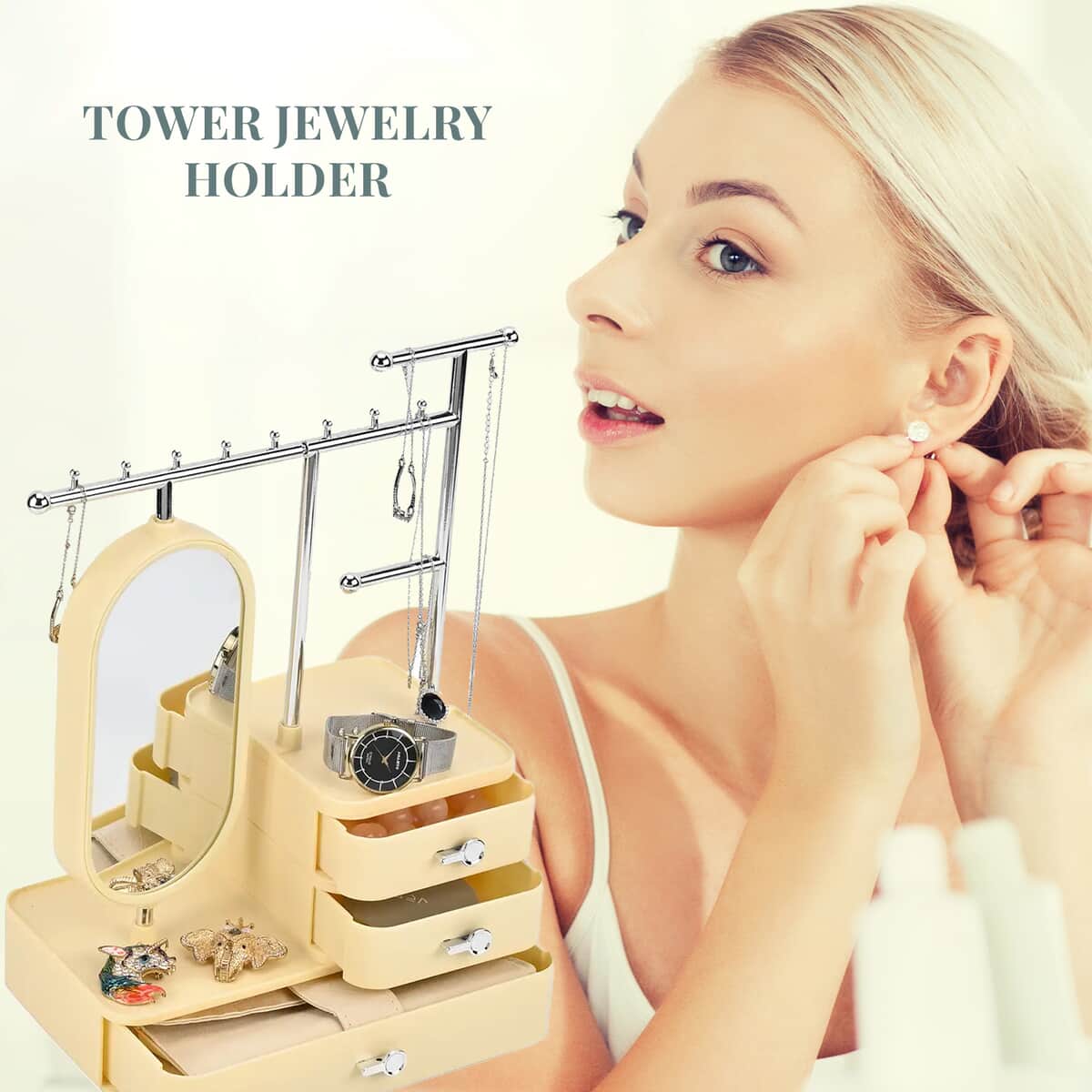 Beige Color Tiered Tower Jewelry Holder with 360 Rotating Mirror and 3 Layer Drawer image number 2