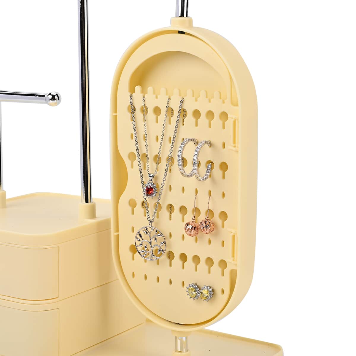 Beige Color Tiered Tower Jewelry Holder with 360 Rotating Mirror and 3 Layer Drawer image number 7