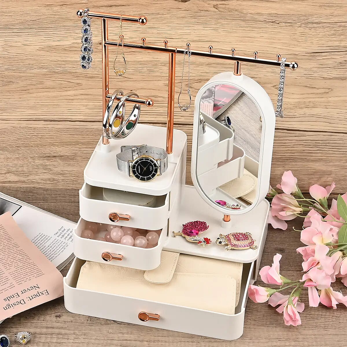 Off White Tiered Tower Jewelry Holder with 360 Rotating Mirror and 3 Layer Drawer image number 1