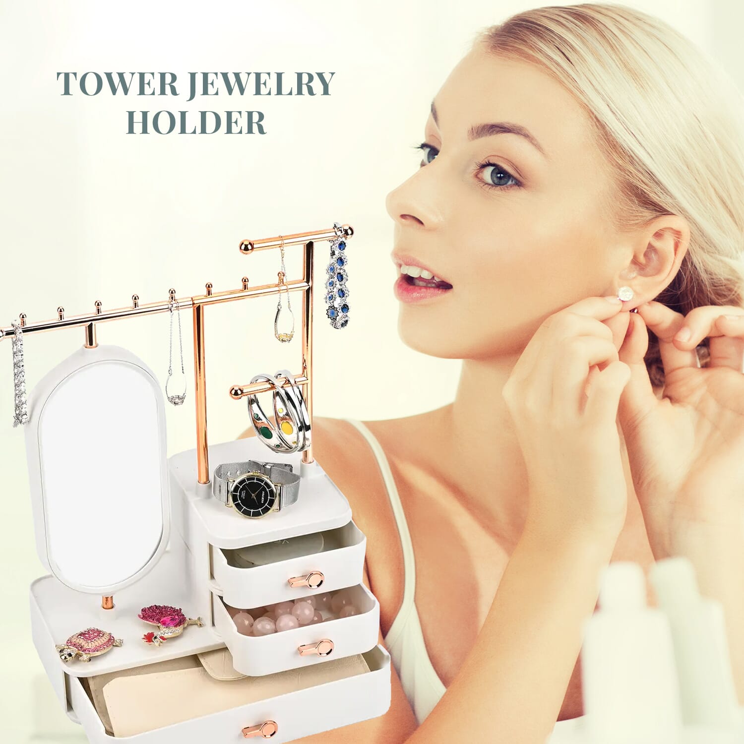 Buy Off White Tiered Tower Jewelry Holder with 360 Rotating Mirror and 3 Layer Drawer at ShopLC