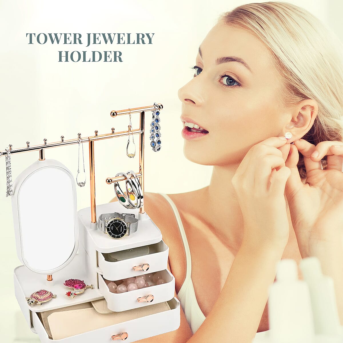Off White Tiered Tower Jewelry Holder with 360 Rotating Mirror and 3 Layer Drawer image number 2