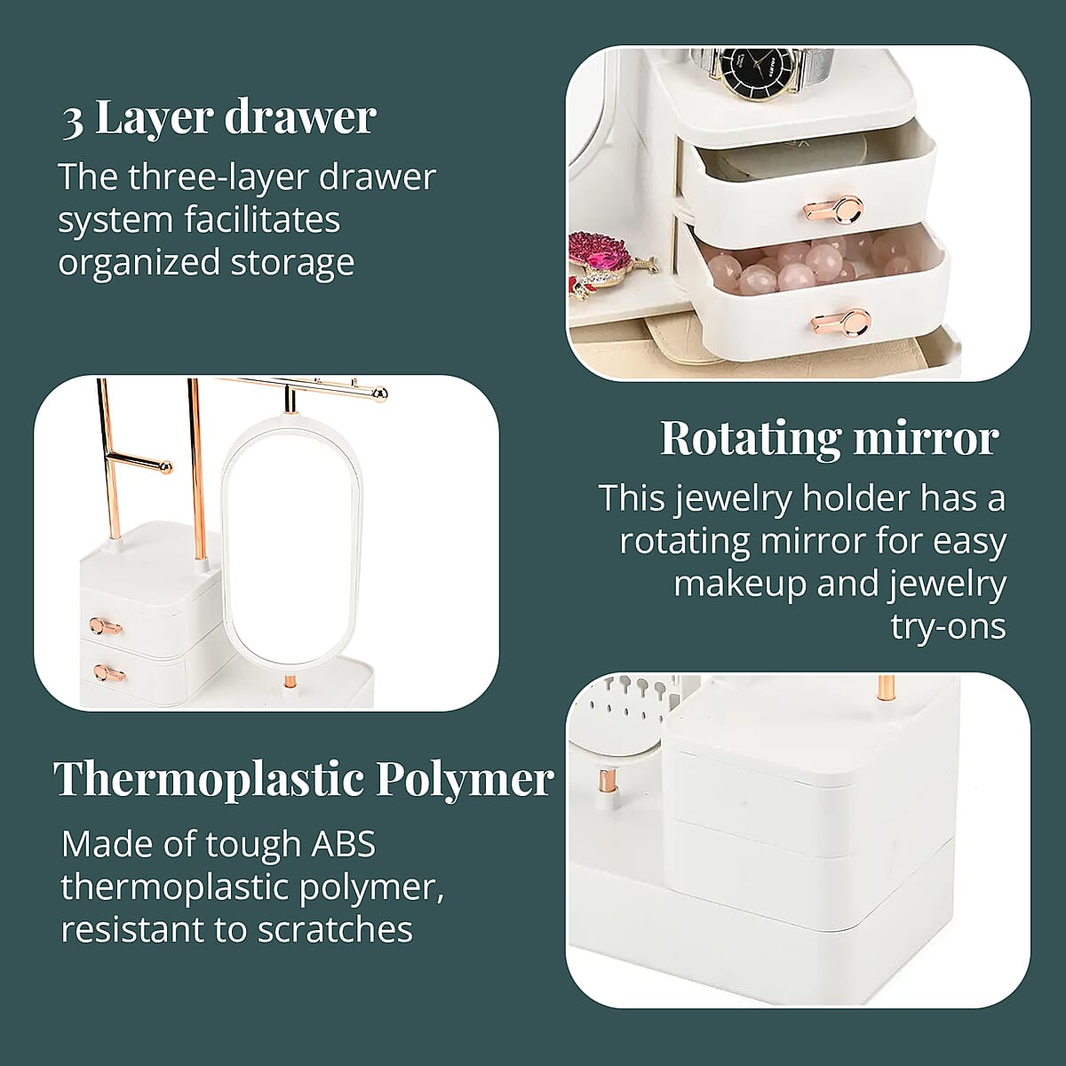 Off White Tiered Tower Jewelry Holder with 360 Rotating Mirror and 3 Layer Drawer image number 3