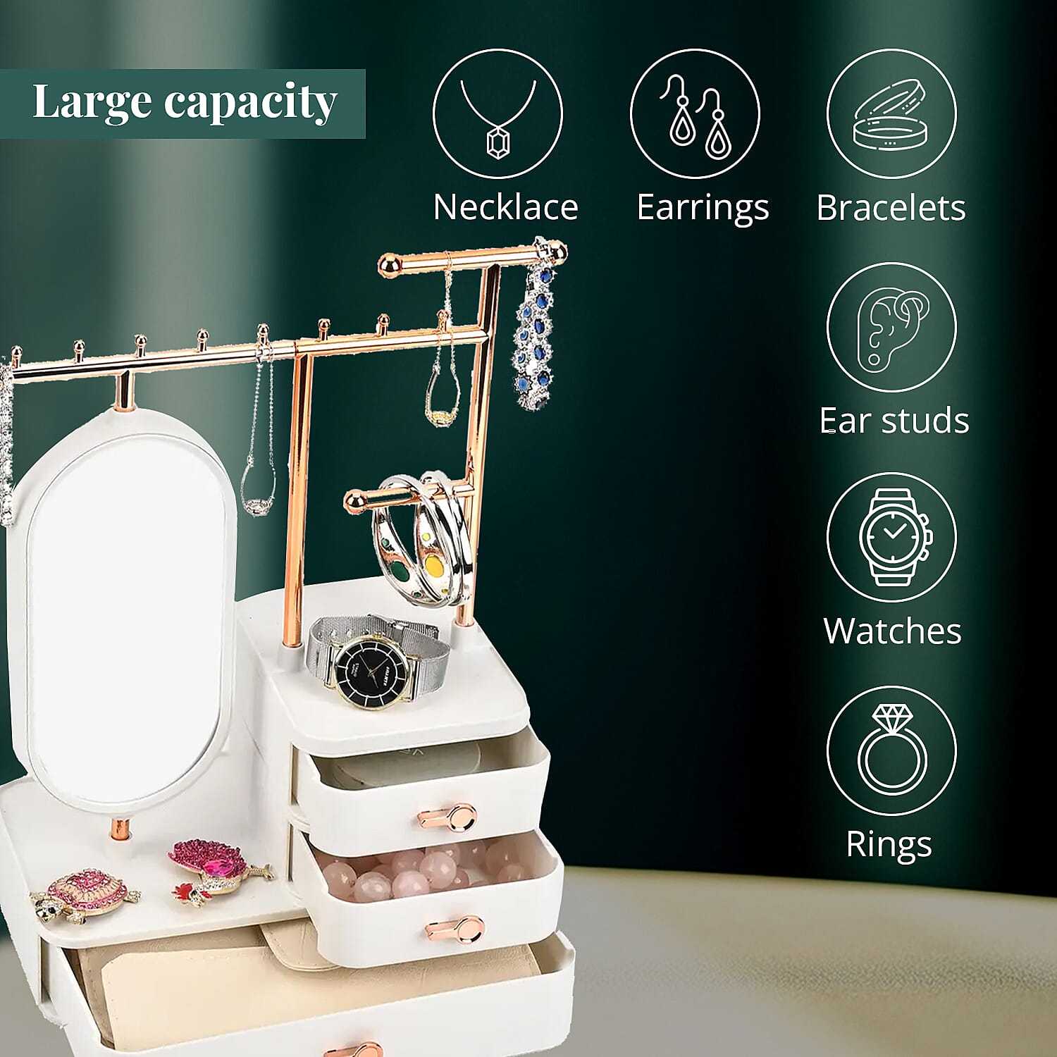 Off White Tiered Tower Jewelry Holder with 360 Rotating Mirror and 3 Layer Drawer