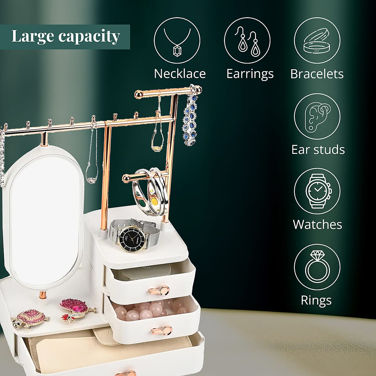 Off White Tiered Tower Jewelry Holder with 360 Rotating Mirror and 3 Layer Drawer image number 4