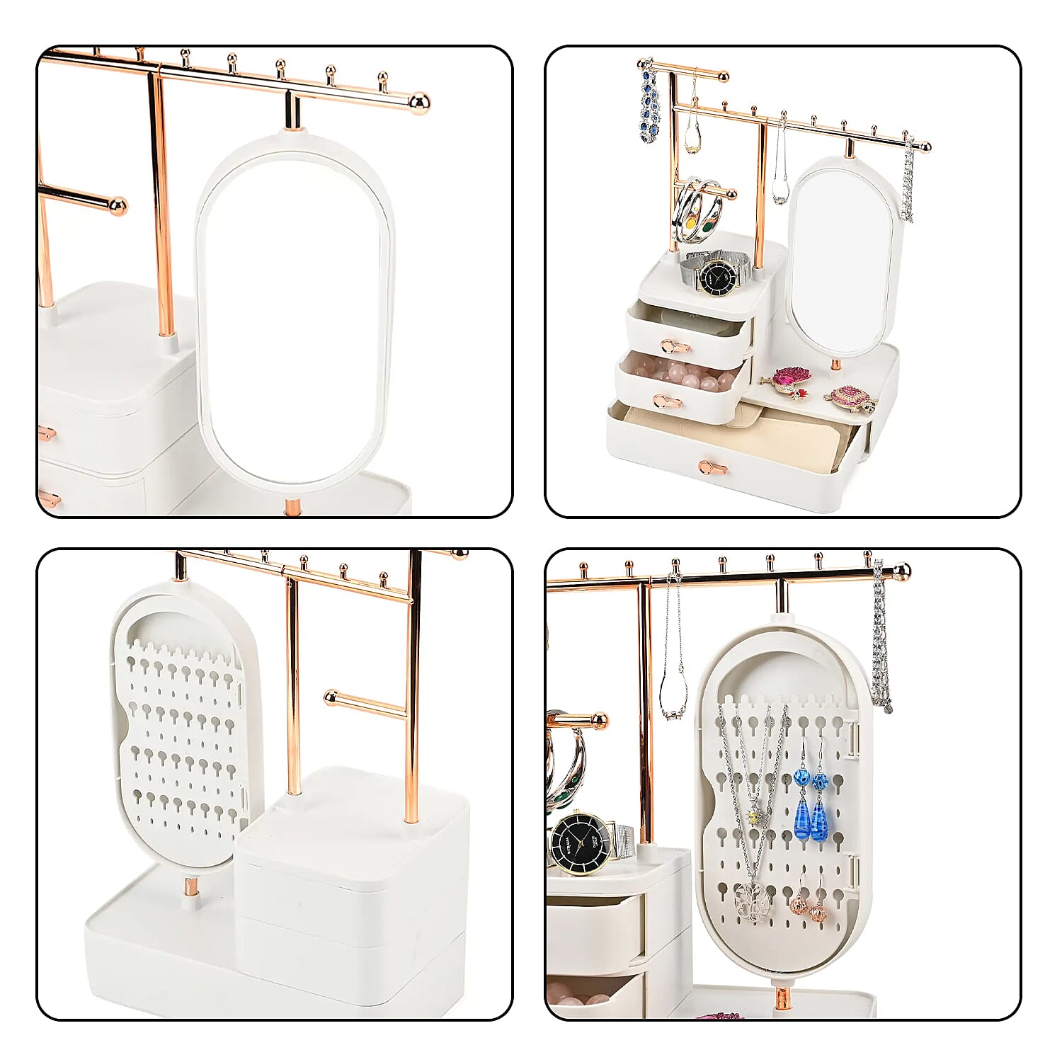Off White Tiered Tower Jewelry Holder with 360 Rotating Mirror and 3 Layer Drawer