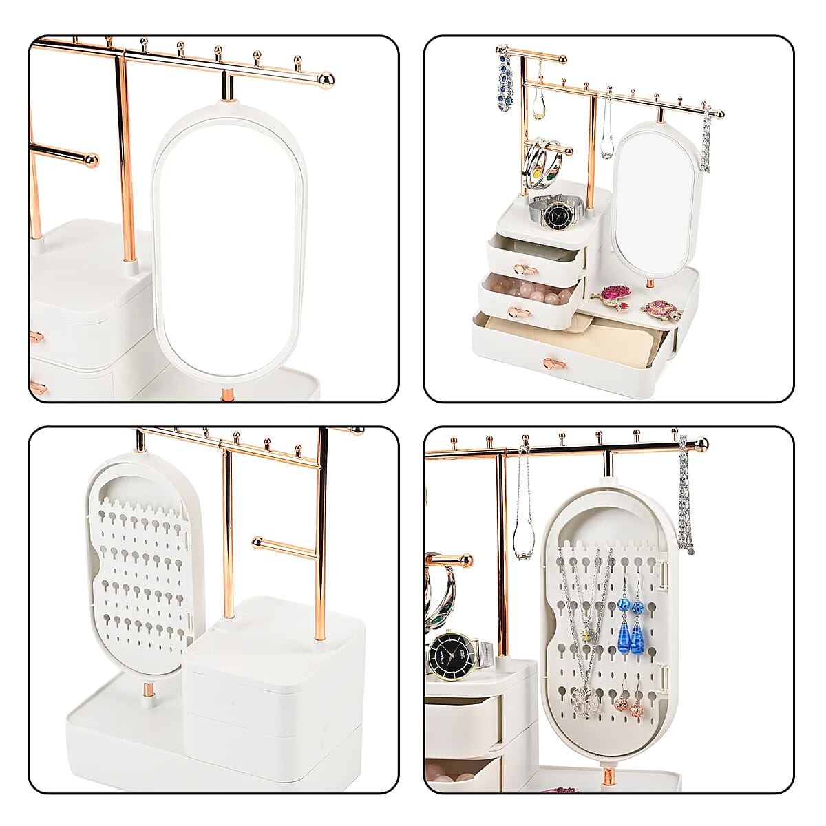 Off White Tiered Tower Jewelry Holder with 360 Rotating Mirror and 3 Layer Drawer image number 6