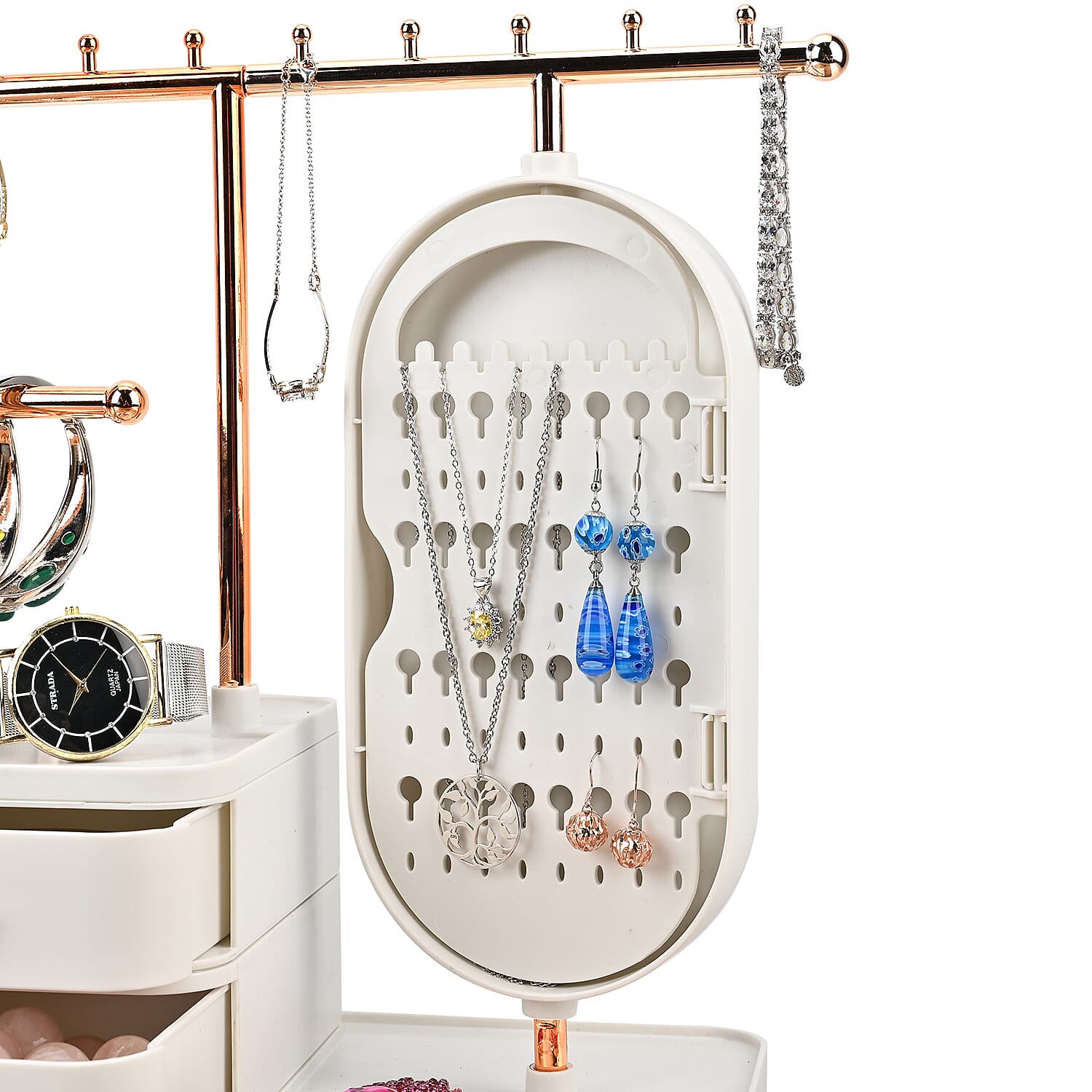 Off White Tiered Tower Jewelry Holder with 360 Rotating Mirror and 3 Layer Drawer