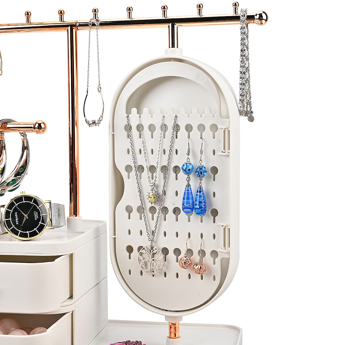 Off White Tiered Tower Jewelry Holder with 360 Rotating Mirror and 3 Layer Drawer image number 7