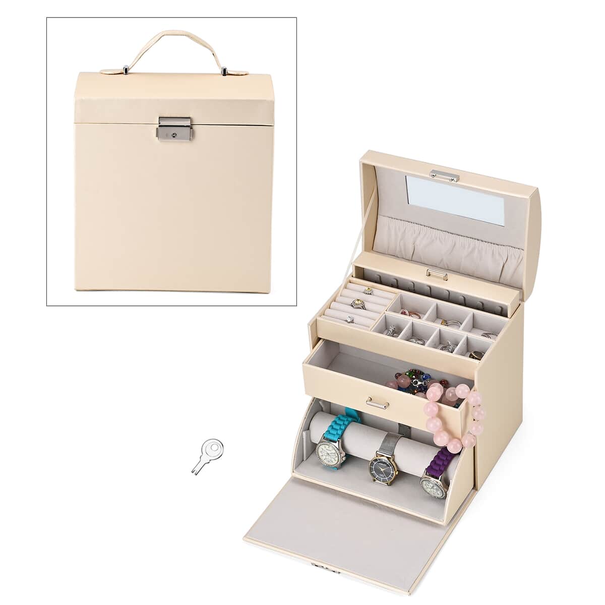 Ivory Faux Leather Multi Compartment Jewelry Organizer with Lock & Key image number 0