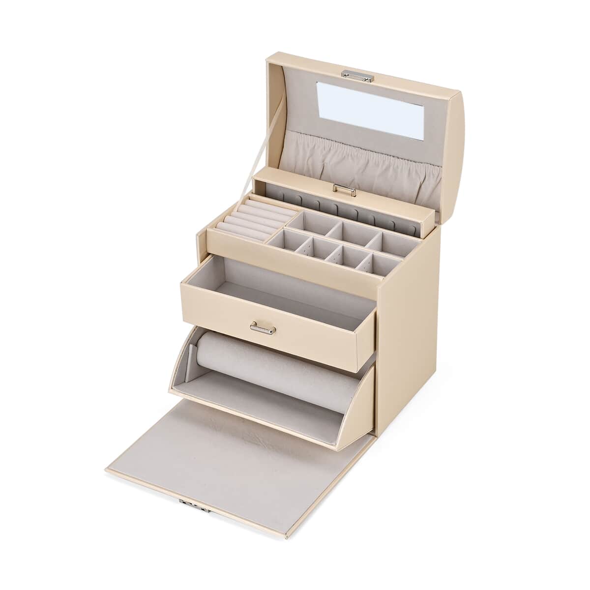 Ivory Faux Leather Multi Compartment Jewelry Organizer with Lock & Key image number 4