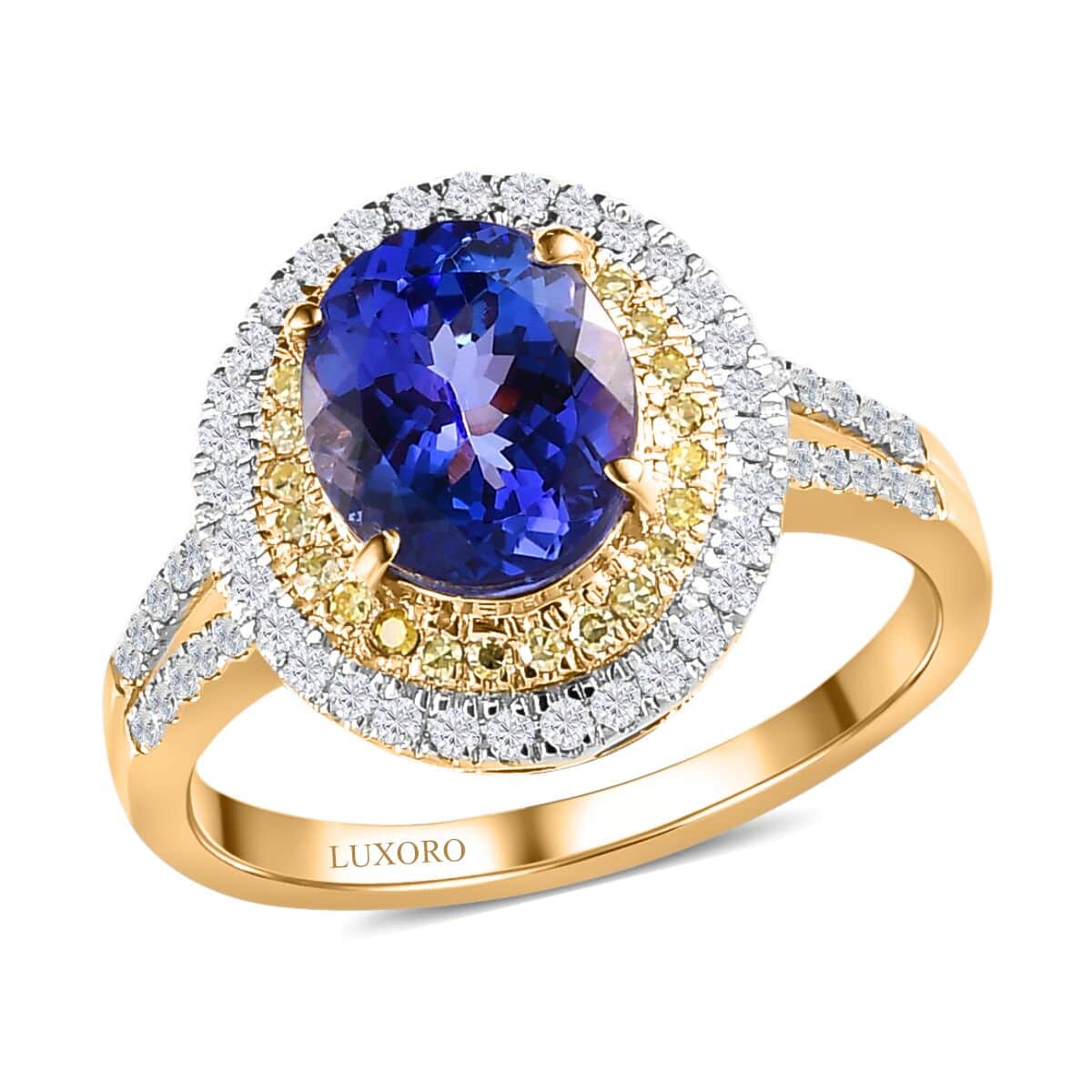 Luxoro 14K Yellow Gold Premium Tanzanite, Natural Yellow and White Diamond I2 Split Shank Ring (Size 9.0) 2.80 ctw image number 0