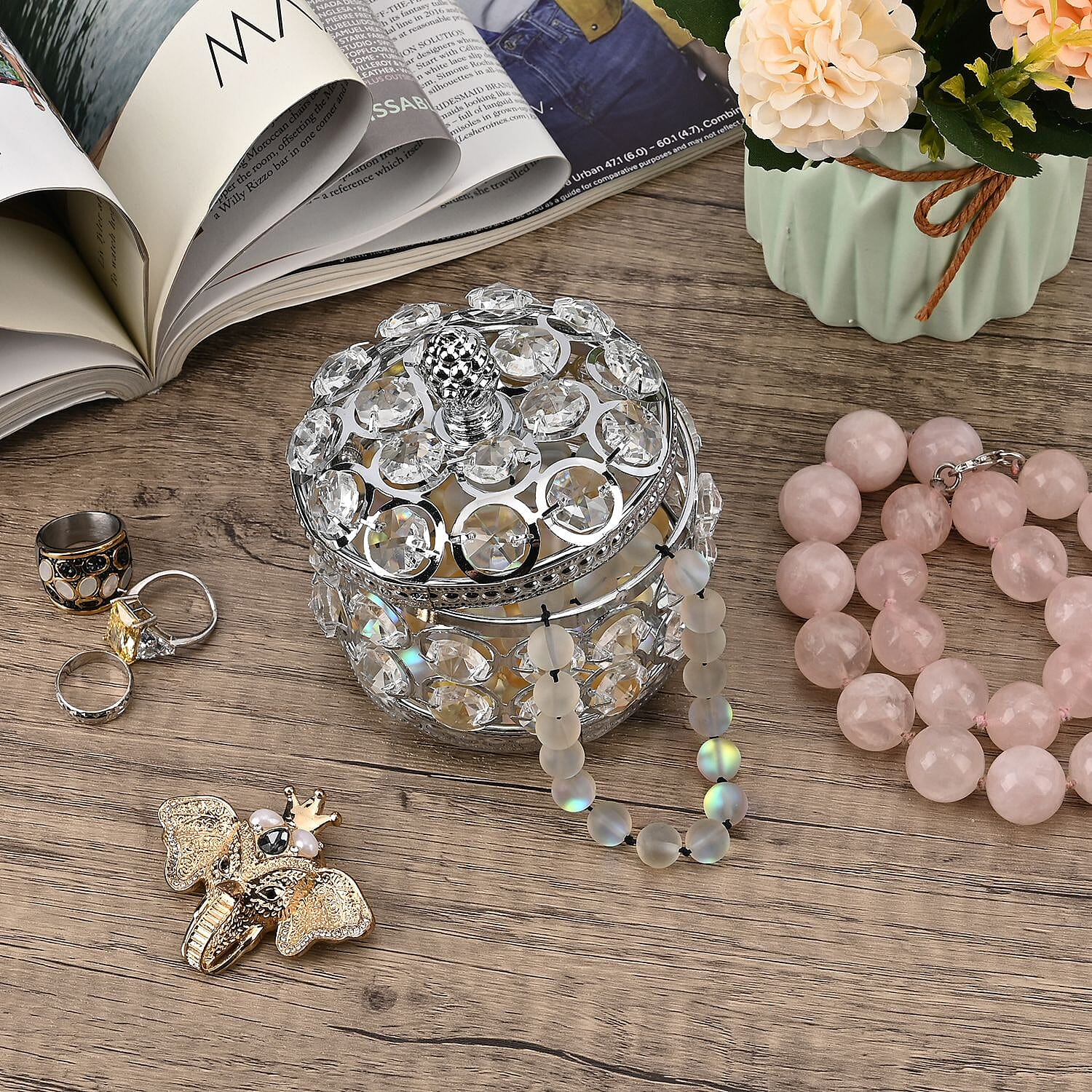Silver Color Round Design Crystal Jewelry BoxCrystal Jewelry Box, Trinket Organizer Treasure Box For Rings Earrings Necklace, Jewelry Storage Box (3.9x3.9x3.5)