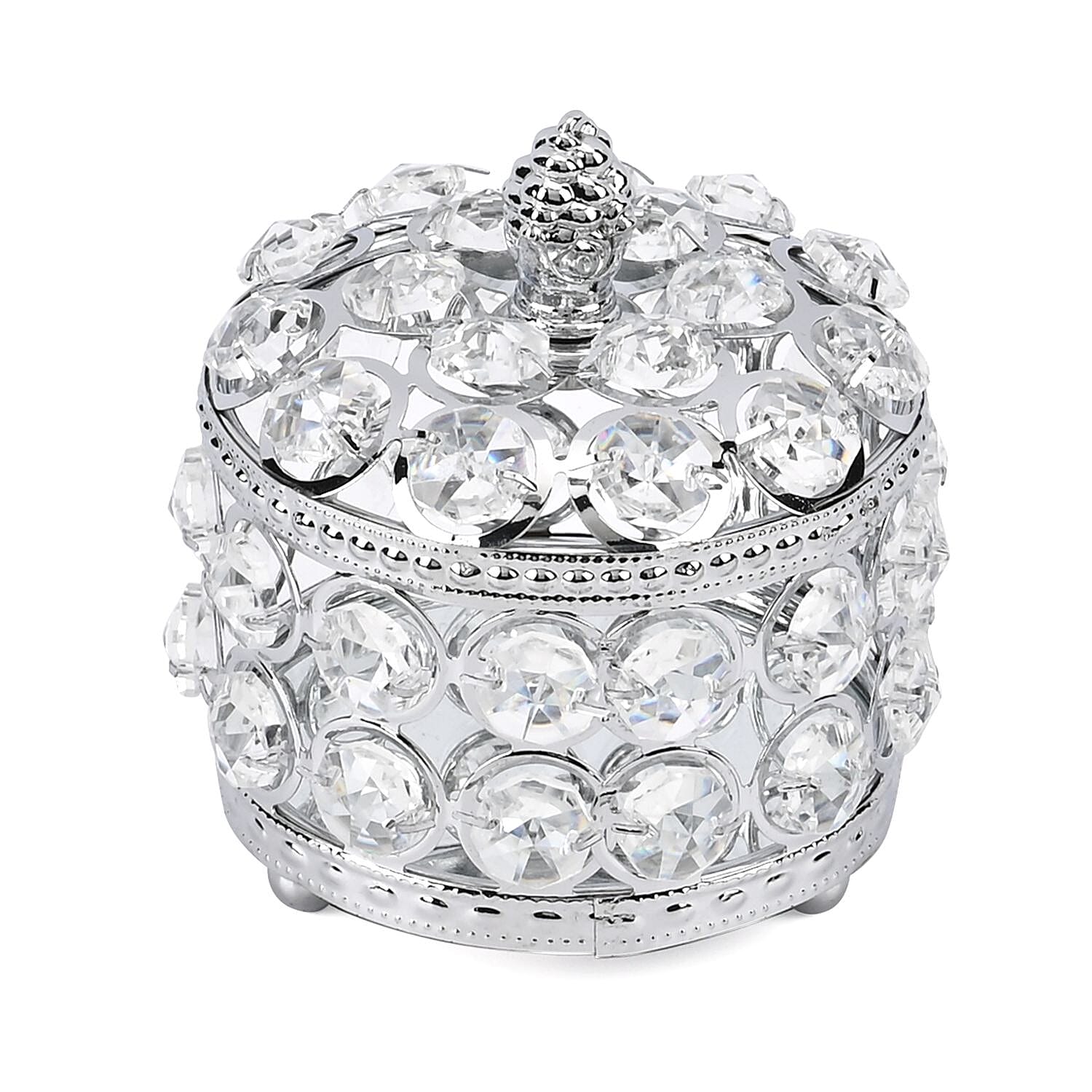 Silver Color Round Design Crystal Jewelry BoxCrystal Jewelry Box, Trinket Organizer Treasure Box For Rings Earrings Necklace, Jewelry Storage Box (3.9x3.9x3.5)